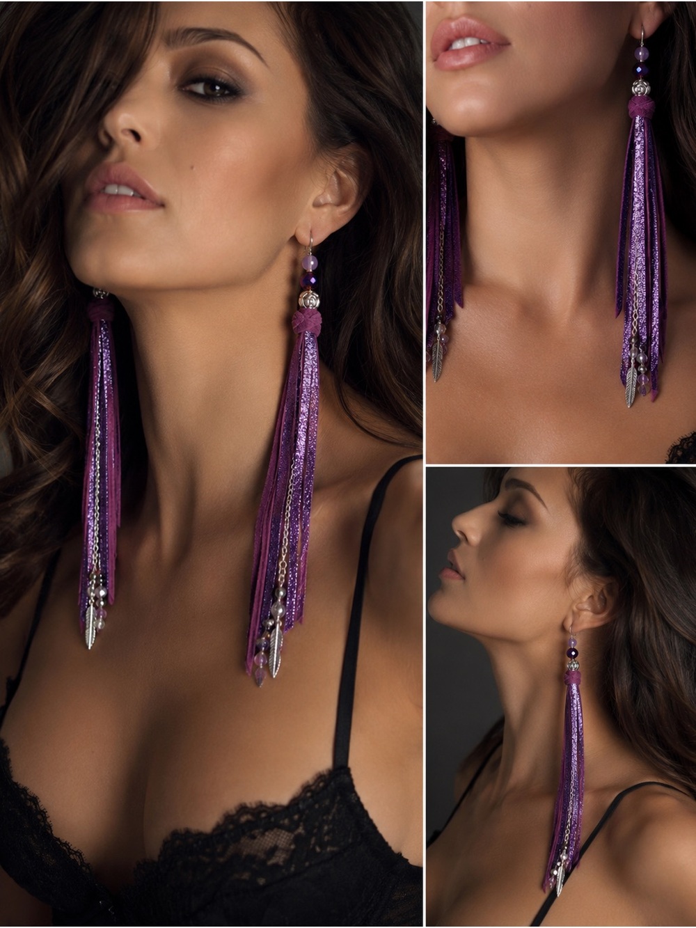 Raven's Whisper' Purple Leather Tassel Chalsedony Crystal Earrings